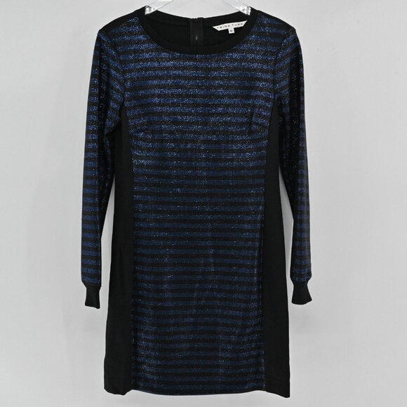 TRINA TURK‎ Dress Womens Sz 6 Metallic Black Blue Stripe Scoop Neck Mini Sweater - Picture 2 of 13